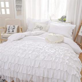 img 4 attached to 👑 TEALP Queen Ruffle Duvet Cover Set - Elegant Farmhouse Waterfall Design for Girl's Room Décor