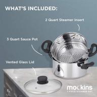 mockins 3 piece premium stainless steel steamer pot set - 3 quart cooking pot, 2 quart steamer insert, vented glass lid - stackable and versatile pot set for all cooking surfaces logo