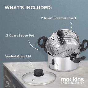 img 4 attached to Mockins 3 Piece Premium Stainless Steel Steamer Pot Set - 3 Quart Cooking Pot, 2 Quart Steamer Insert, Vented Glass Lid - Stackable and Versatile Pot Set for All Cooking Surfaces