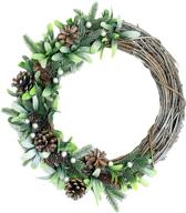 🎄 frosted eucalyptus christmas wreath with pine cone and faux berry - rustic farmhouse winter decor - artificial grapevine - farmhouse table centerpiece логотип