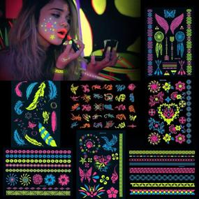 img 4 attached to 🌈 HOWAF 7 Large Sheets of Neon Temporary Tattoos – 100+ Shimmer Designs for Glow UV Neon Body and Face Skin – Tattoo Jewellery Decals – Flash Fake Waterproof Tattoo Stickers for Women and Girls – Body Art Enhancement