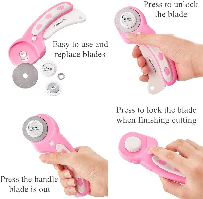 Rotary Cutter Set Pink - Quilting Kit Incl. 45mm Fabric Cutter, 5 Replacement Blades, A3 Cutting Mat, Acrylic Ruler and Craft Clips - Ideal for
