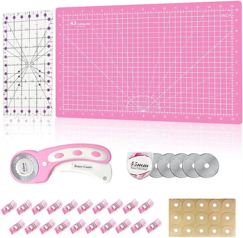 Rotary Cutter Set pink - Quilting Kit incl. 45mm Fabric Cutter, 5  Replacement Blades, A3 Cutting Mat, Acrylic Ruler and Craft Clips - Ideal  for