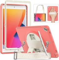 📱 hxcaseac ipad 10.2 inch case 2021/2020/2019 - 3-layer shockproof protective case with screen protector, pencil holder, 360 rotatable stand/hand strap - milky pink logo
