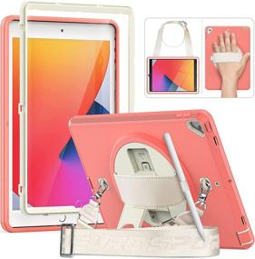 img 4 attached to 📱 HXCASEAC iPad 10.2 inch Case 2021/2020/2019 - 3-Layer Shockproof Protective Case with Screen Protector, Pencil Holder, 360 Rotatable Stand/Hand Strap - Milky Pink