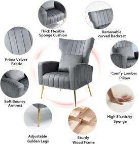 img 3 attached to 🪑 WQSLHX Velvet Accent Chairs Set of 2 with Lumbar Pillow - Elegant High Back Mid Century Armchairs for Bedroom and Living Room Decor with Golden Metal Legs - Gray