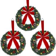 🎄 set of 3 lighted artificial christmas wreaths with red bow & ornaments - battery operated led lights - festive decor for front door, gate, wall - ideal for christmas party celebration logo