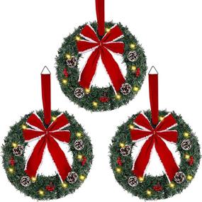 img 4 attached to 🎄 Set of 3 Lighted Artificial Christmas Wreaths with Red Bow & Ornaments - Battery Operated LED Lights - Festive Decor for Front Door, Gate, Wall - Ideal for Christmas Party Celebration