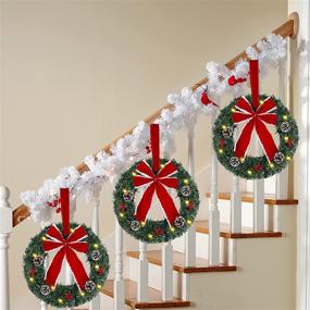 img 2 attached to 🎄 Set of 3 Lighted Artificial Christmas Wreaths with Red Bow & Ornaments - Battery Operated LED Lights - Festive Decor for Front Door, Gate, Wall - Ideal for Christmas Party Celebration