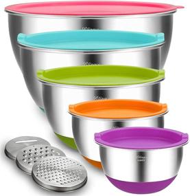 img 4 attached to 🥣 Blingco Stainless Steel Mixing Bowls Set with Airtight Lids - 5 Sizes, 3 Grater Attachments, Colorful Non-Slip Bottoms - Ideal for Mixing & Serving
