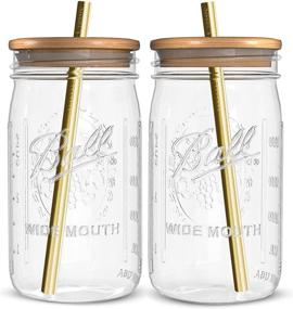 img 4 attached to Reusable Boba Bubble Tea & Smoothie Cups with Glass Mason Jars, Bamboo Lids, and Stainless Steel Straws - 32oz Wide Mouth Set of 2 by Brand Capsule Classic