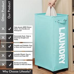 img 3 attached to 🧺 Lifesela X-Large Rolling Laundry Hamper: 27&#34; Tall, Slim Basket with Mesh Liner, Collapsible Design, Handle, Corner Bin, Wheels (Light Blue)
