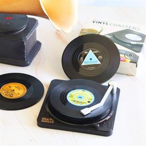 img 3 attached to 🎵 Quirky Retro Vinyl Coasters with Record Player Holder for Drink Enthusiasts, Set of 6 Coasters Featuring Conversation Starters, Perfect for Housewarming, Hostess Gifts, Wedding Registry