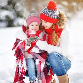 img 2 attached to Зимний набор шапки, шарфа и перчаток Maylisacc для мальчиков и девочек возрастом от 3 до 6 лет - с полосатой шапкой с помпонами, перчатками и грелкой на шею.