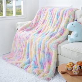 img 1 attached to 🌈 Cozy and Colorful: junovo Soft Shaggy Rainbow Blanket for Girls Kids - Fuzzy Colorful Throw Blankets for Bed and Couch, 50"x60