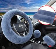 pinbola 5pcs in 1 set faux wool steering wheel cover soft fluffy handbrake cover &amp logo