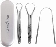 👅 premium stainless steel activepur tongue scraper (set of 3) - best tongue cleaner for bad breath, optimize oral hygiene with mouthwash & toothpaste, portable metal travel case included logo