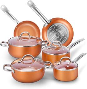 img 4 attached to 🍳 10-Piece Aluminum Cookware Set by CUSINAID - Nonstick Pots and Pans with Glass Lids for Stovetops, Induction Cooktops, Dishwasher, Oven - Copper Finish Included