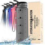 32oz hydration nation water bottle with time marker and straw - leak proof water tracker bottle for fitness & sports - drinking water bottle with times to drink - gray logo