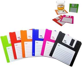 img 1 attached to 🍹 Set of 6 Durable Heat Resistant Non-Slip Floppy Silicone Disk Coasters - Protect Tables, Retro Writing Design for Drinks