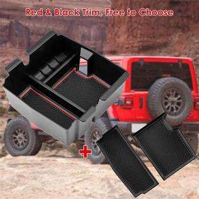 img 2 attached to 🚗 Органайзер для центральной консоли CreeKT для Jeep Wrangler JL JLU 2018-2021 и Jeep Gladiator JT Truck 2020-2021/4xe 2021 с отделением для подлокотника, включая 2 коврика с красным и черным обрамлением.