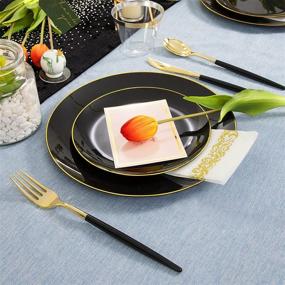 img 2 attached to 🍽️ THALIA 210pcs Elegant Black Plastic Plates with Gold Rim, Gold Plastic Silverware and Black Handle, Complete Black Plastic Dinnerware Set including 30 Dinner Plates, 30 Dessert Plates, 90 Cutlery, 30 Cups, and 30 Napkins