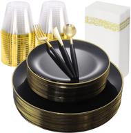 🍽️ thalia 210pcs elegant black plastic plates with gold rim, gold plastic silverware and black handle, complete black plastic dinnerware set including 30 dinner plates, 30 dessert plates, 90 cutlery, 30 cups, and 30 napkins logo