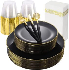 img 4 attached to 🍽️ THALIA 210pcs Elegant Black Plastic Plates with Gold Rim, Gold Plastic Silverware and Black Handle, Complete Black Plastic Dinnerware Set including 30 Dinner Plates, 30 Dessert Plates, 90 Cutlery, 30 Cups, and 30 Napkins