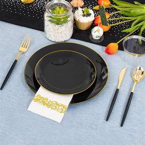 img 1 attached to 🍽️ THALIA 210pcs Elegant Black Plastic Plates with Gold Rim, Gold Plastic Silverware and Black Handle, Complete Black Plastic Dinnerware Set including 30 Dinner Plates, 30 Dessert Plates, 90 Cutlery, 30 Cups, and 30 Napkins