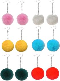 img 4 attached to 🎀 Colorful Fluffy Pom Pom Earrings in White and Pink for Women and Girls