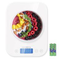 crownful 22lb/11kg digital food scale - precise weight measurement in grams and oz with lcd display & waterproof glass surface for cooking, baking - battery included (white) logo