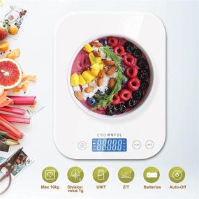 img 3 attached to CROWNFUL 22lb/11kg Digital Food Scale - Precise Weight Measurement in Grams and oz with LCD Display & Waterproof Glass Surface for Cooking, Baking - Battery Included (White)