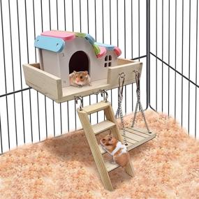img 3 attached to SEO-Friendly Small Animal Playground Set: Hamster Platform with Ladder, Wood House Hut Hideout, Swing, and Climbing Ladders Play Toys for Mouse, Gerbil, and Other Small Animals