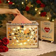 rustic wooden wedding card box with string lights and lace table mat - diy envelope gift money container with lock for reception decoration (wood color) logo