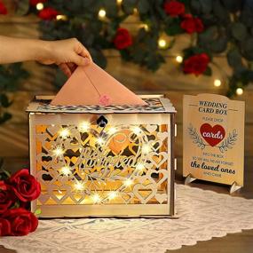 img 4 attached to Rustic Wooden Wedding Card Box with String Lights and Lace Table Mat - DIY Envelope Gift Money Container with Lock for Reception Decoration (Wood Color)