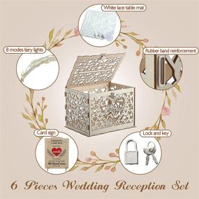 img 3 attached to Rustic Wooden Wedding Card Box with String Lights and Lace Table Mat - DIY Envelope Gift Money Container with Lock for Reception Decoration (Wood Color)