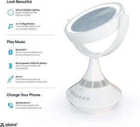 img 1 attached to 💡 7-Inch Atomi Vanity Speaker Mirror - Bluetooth Audio, Dual-Sided with Magnifying, Hands-Free Calls, LED Lighting - White