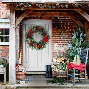 img 2 attached to Green Christmas Wreath with Lights, 24 Inch, Cordless, Battery Operated, Poinsettia Flower, Pine Cones, Berry Clusters, Christmas Balls for Front Door