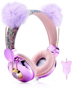 img 4 attached to 🎧 Glitter Bear Ear Kids Headphones - Adjustable Volume Limiting Anime Wired Headphones for Girls and Boys at School (Purple-Bear Ear)