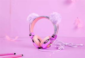 img 2 attached to 🎧 Glitter Bear Ear Kids Headphones - Adjustable Volume Limiting Anime Wired Headphones for Girls and Boys at School (Purple-Bear Ear)