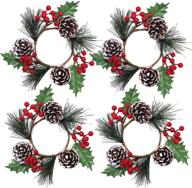 🕯️ set of 4 artificial snowy pine cone and red berry candle rings - christmas candle holder wreaths with holly leaves, 7.1" wide - perfect for holiday winter decoration! logo