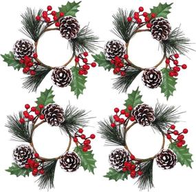 img 4 attached to 🕯️ Set of 4 Artificial Snowy Pine Cone and Red Berry Candle Rings - Christmas Candle Holder Wreaths with Holly Leaves, 7.1" Wide - Perfect for Holiday Winter Decoration!