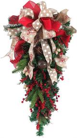 img 2 attached to Premium F FINEC 27.5 inch Artificial Christmas Teardrop Swag with LED Light - Stunning 70cm Door 🎄 Swag with Mixed Pine, Pine Cones, Red Berries, and Bell Fruit Ribbon Bowknot - Festive Front Door Decoration