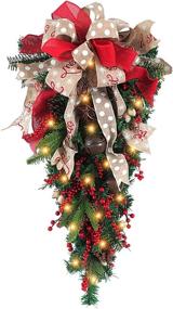 img 4 attached to Premium F FINEC 27.5 inch Artificial Christmas Teardrop Swag with LED Light - Stunning 70cm Door 🎄 Swag with Mixed Pine, Pine Cones, Red Berries, and Bell Fruit Ribbon Bowknot - Festive Front Door Decoration