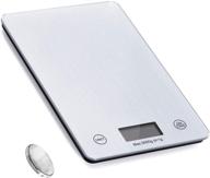 📏 updated 11-pound kitchen scale for cooking and baking, accurate graduation of 1g/0.1oz, stylish water-resistant glass surface and enhanced large backlit lcd screen logo