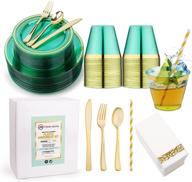 🍽️ 400-piece green and gold dinnerware set - complete 50 guest party supplies - 100 green plastic plates, 50 party cups, 150 gold plastic silverware, 50 napkins, 50 straws - perfect for green plates and napkins party decor logo