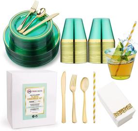 img 4 attached to 🍽️ 400-Piece Green and Gold Dinnerware Set - Complete 50 Guest Party Supplies - 100 Green Plastic Plates, 50 Party Cups, 150 Gold Plastic Silverware, 50 Napkins, 50 Straws - Perfect for Green Plates and Napkins Party Decor