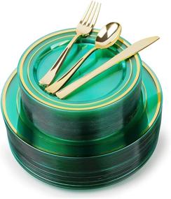 img 3 attached to 🍽️ 400-Piece Green and Gold Dinnerware Set - Complete 50 Guest Party Supplies - 100 Green Plastic Plates, 50 Party Cups, 150 Gold Plastic Silverware, 50 Napkins, 50 Straws - Perfect for Green Plates and Napkins Party Decor
