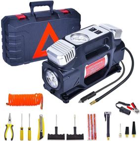 img 4 attached to 🔧 GSPSCN Portable 12V Air Compressor Pump with Toolbox, Heavy Duty Dual Cylinders Tire Inflator 150PSI - Includes Tire Repair Kit, Warning Triangle, Car/Truck/SUV/Dinghy/RV Adapter, Air Bed, and More