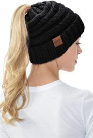 img 2 attached to 👩 ZOORON Women's Ponytail Beanie Hat: Warm Cable Knit Winter Skull Cap with High Messy Style